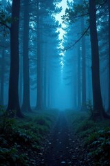 Obraz premium Ethereal blue streaks illuminate a foggy forest floor, eerie ambiance,