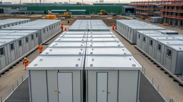 Construction workers in orange safety vests are inspecting rows of prefabricated modular buildings at a construction site, possibly for worker housing or temporary offices