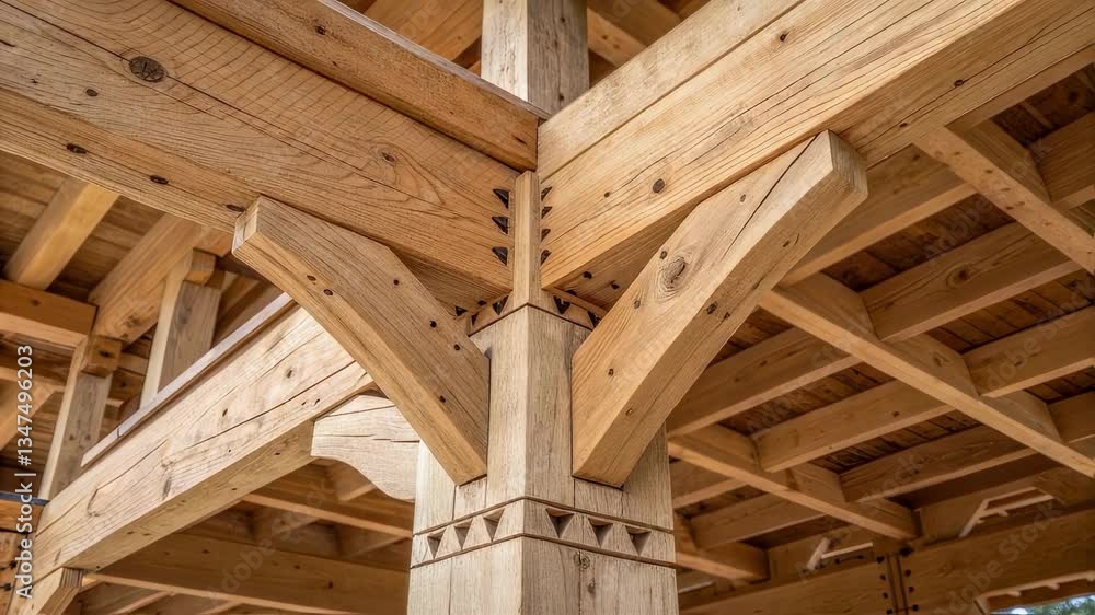 Aufkleber Complex wooden framework showcasing traditional joinery techniques, creating a robust and visually appealing support system for a roof or ceiling