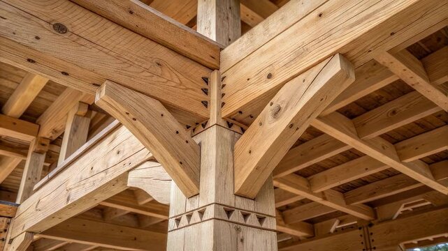 Complex wooden framework showcasing traditional joinery techniques, creating a robust and visually appealing support system for a roof or ceiling