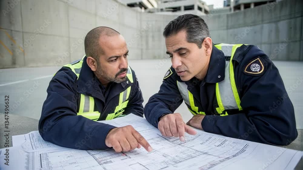 Poster two security guards in uniform and safety vests are carefully reviewing blueprints on a construction