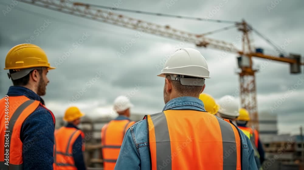 Poster construction workers and supervisors, wearing safety helmets and vests, are observing the progress o