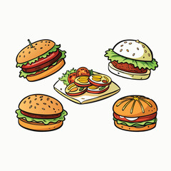 set of fast food doodle elements.Tasty burger with cheese and bacon. Junk food. Burger, hot dog, burrito, sandwich, pizza. Isolated on a white background.