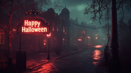 Halloween street scene with glowing sign at night