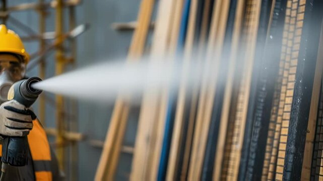 Construction worker wearing hardhat and safety gear blowing dust from surface using compressed air, maintaining clean and hazard free workplace environment