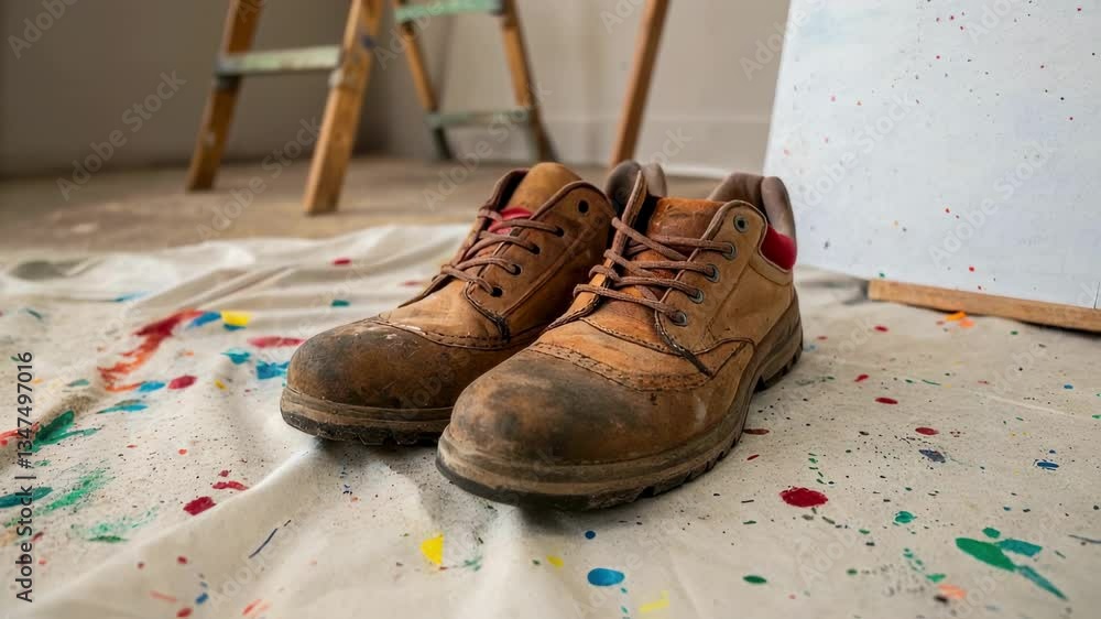 Poster brown work boots sit on a paint splattered canvas drop cloth in a room undergoing renovation, with a