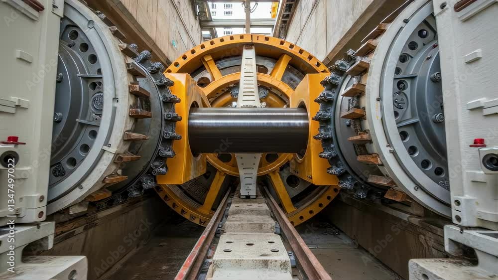 Poster Powerful machinery pushes a new pipeline section into place, advancing tunnel construction deep underground, showcasing engineering prowess in infrastructure development