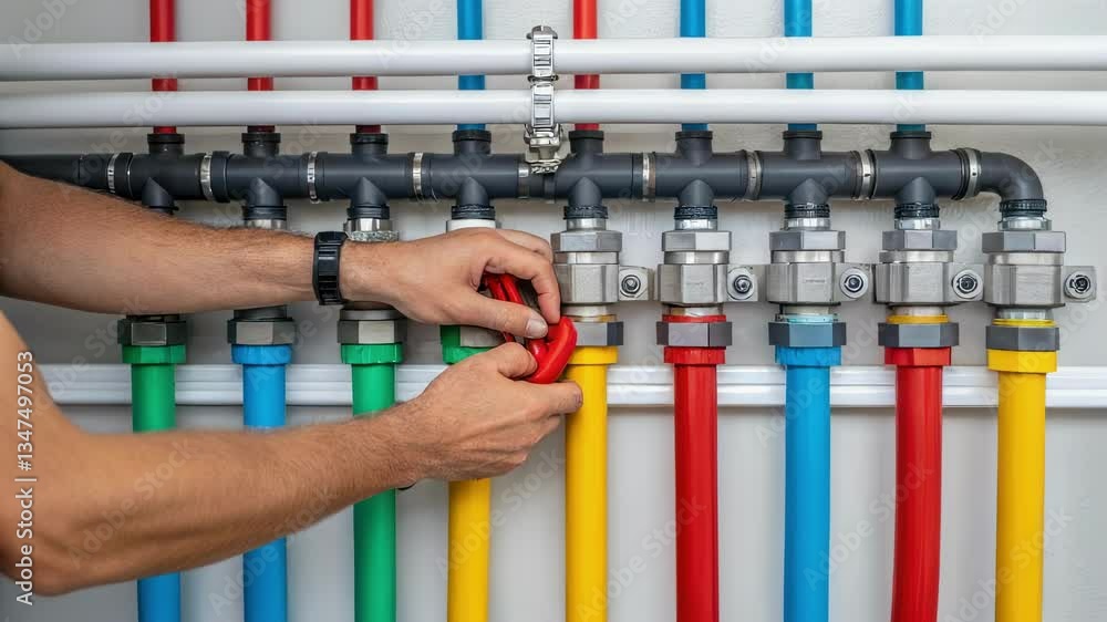 Poster professional plumber carefully adjusts red valve on a complex network of colorful plastic pipes agai
