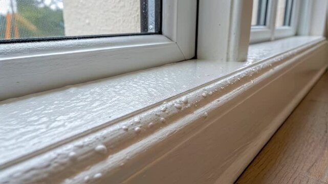 Water droplets accumulate on white window sill, suggesting high indoor humidity and potential for mold growth, requiring attention to ventilation and moisture control