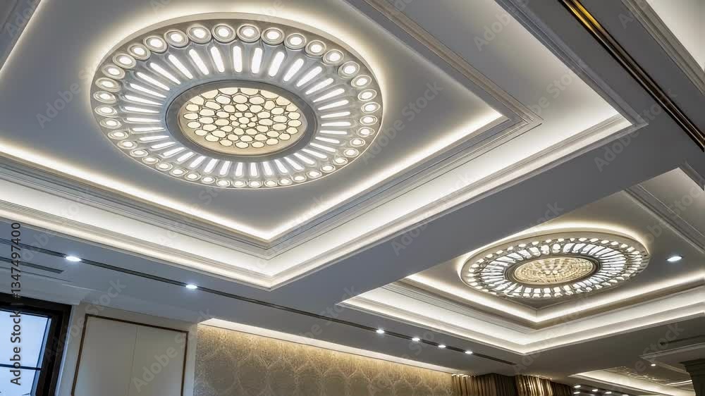 Poster elegant ceiling lights illuminate a luxurious room, showcasing a captivating sequence of turning on 