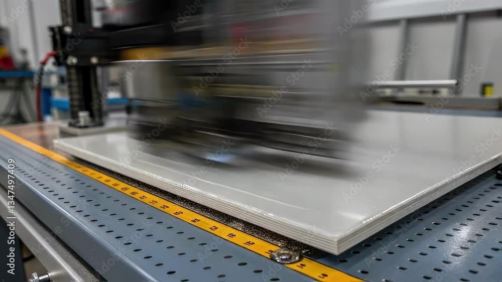 Poster automated machinery analyzes a white material sample, likely performing a quality check or applying 