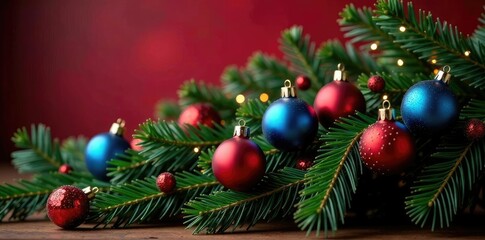 Fototapeta premium Ornamented garland with blue red and gold hues on wooden branch, holiday decor, red