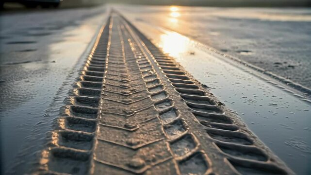 Parallel tire tracks cutting through wet sand at sunset, capturing golden light reflecting in water filled depressions with serene coastal landscape stretching beyond
