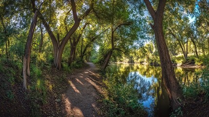 Fototapeta premium Riverside Serenity: A Tranquil Pathway Through Lush Woodland Scenery on Clear Day