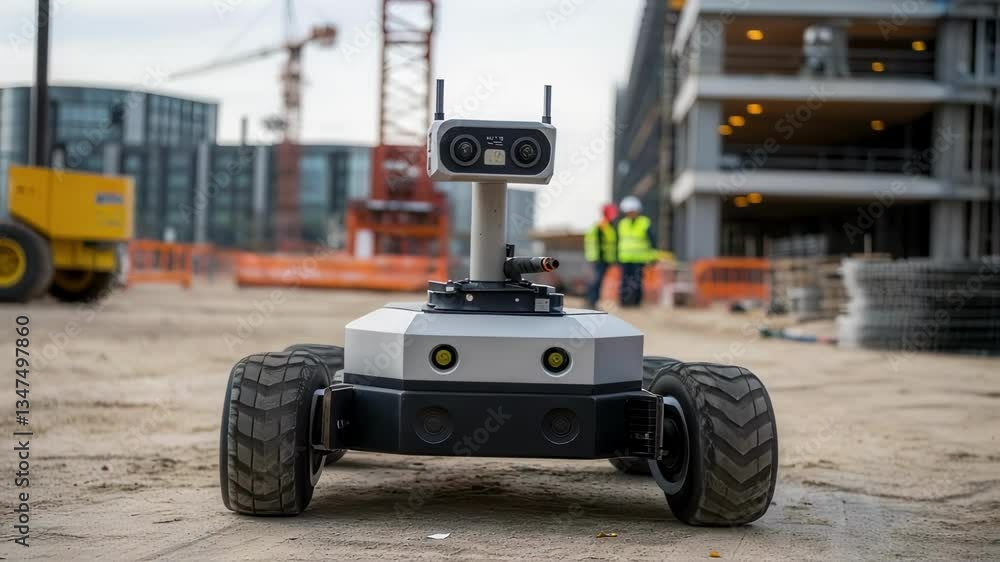 Fototapete Advanced autonomous robot patrolling construction site, collecting data and monitoring safety using cameras and sensors while workers and machinery operate in background