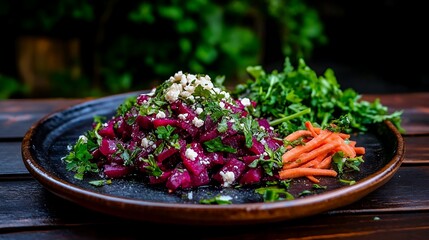 Colorful raw beet salad with julienned textures