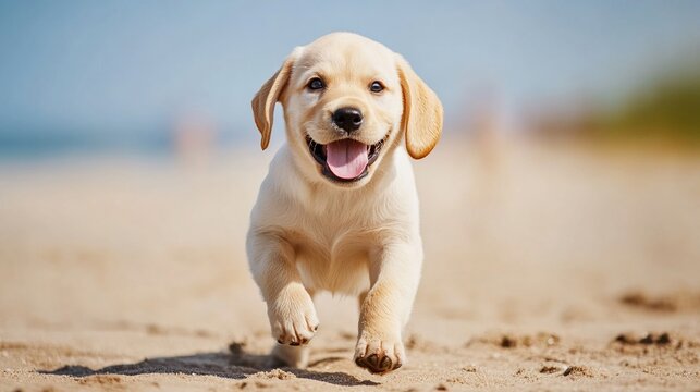 National Pet Day, Adorable Yellow Labrador Retriever Puppy Running on Sandy Beach Happy Dog