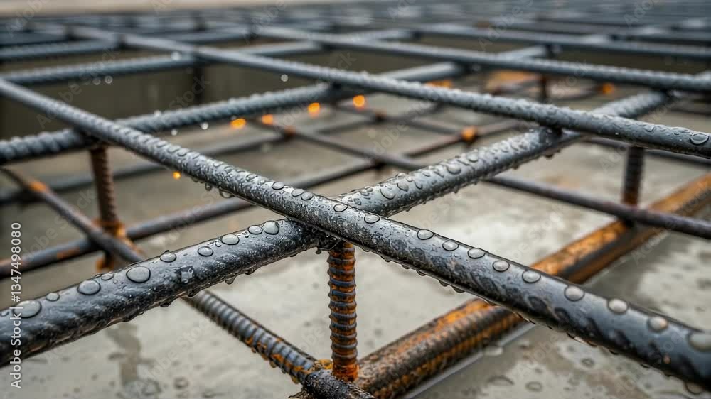 Poster Water droplets clustering on dark rebar grid, highlighting industrial concrete foundation with textured metallic surface and engineering structural detail