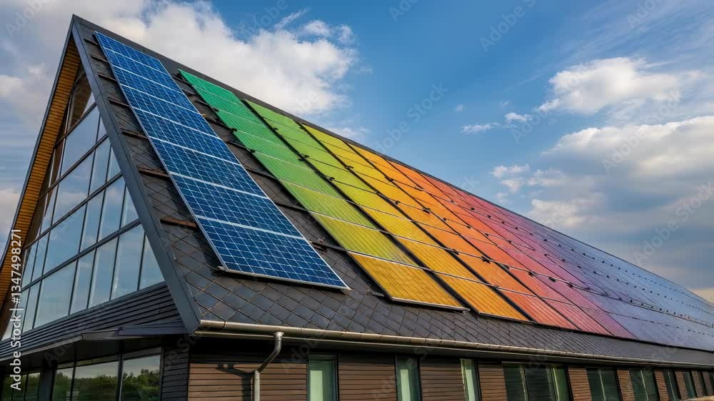 Poster modern building showcasing an array of rainbow colored solar panels on its roof, representing sustai