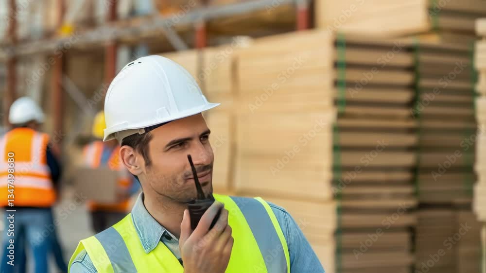 Aufkleber Construction supervisor wearing safety helmet and vest using walkie talkie. Coordinating logistics and operations within large lumber warehouse. Ensuring smooth workflow and timely project completion