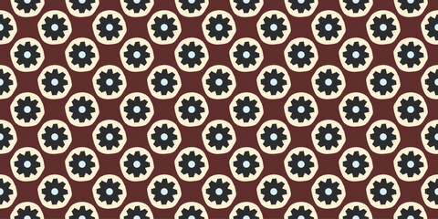 Fototapeta premium Flowers seamless pattern round shapes wallpaper design. Vector illustration retro colors texture. Elegant dots and circles background. Minimal geometrical circular ornament vintage fabric decoration.
