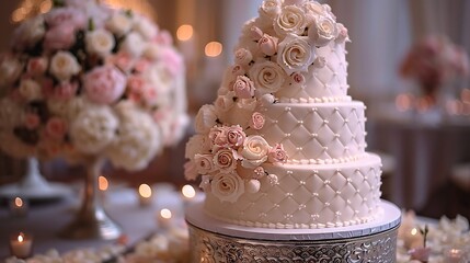 Wedding cake a luxurious display table with soft focus background ample branding space