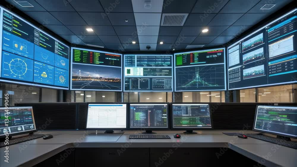 Fototapete Large wall of monitors displaying various data feeds and information in a modern network operations center. With computers and equipment in the foreground. Suggesting constant monitoring and analysis