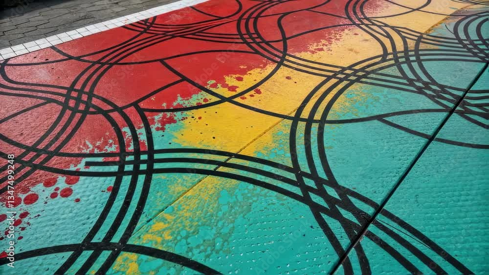 Poster Vibrant colors and dynamic lines create a visually appealing pattern on a pedestrian crossing, blending artistic expression with urban infrastructure