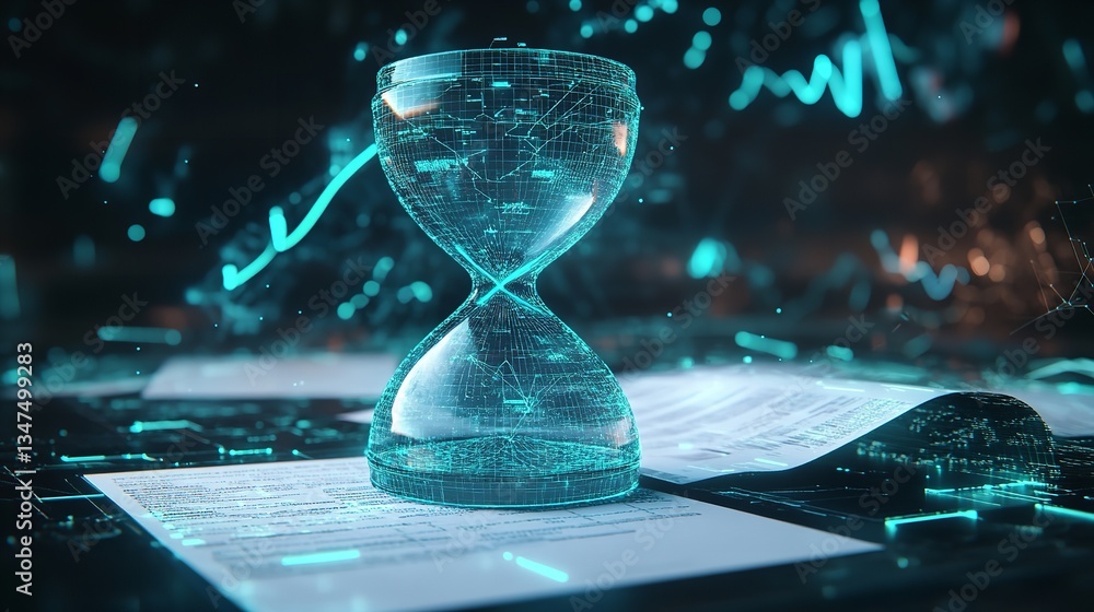 Poster digital hourglass time management business concept futuristic technology data analysis workflow abst