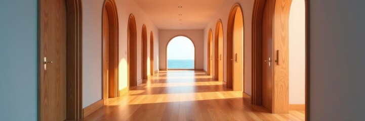 Fototapeta premium Space-saving hallway with curved top doorways, hardwood, double doors