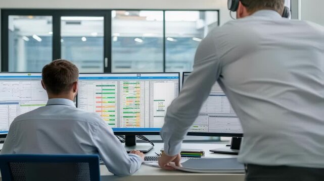 Financial analyst working at his desk with graphs and charts on computer screen, analyzing market data, standing up and leaving his workplace