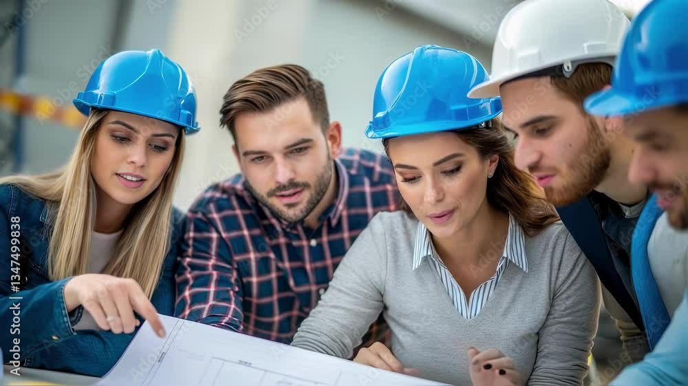 Leinwandbilder warehouse team members wearing protective hardhats collaborating closely, analyzing construction blu
