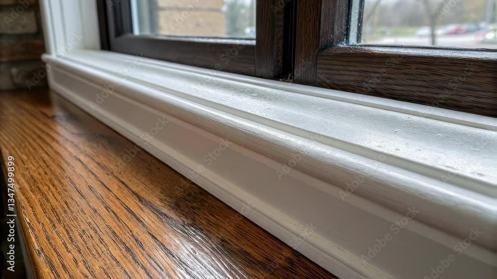Aufkleber Smooth white window trim and oak sill by a dark framed window create a visually appealing contrast, adding elegance and sophistication to interior design