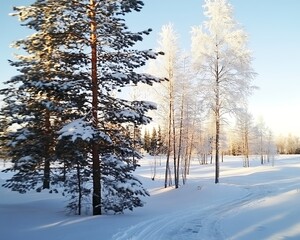 Snowy Nordic Forest Path for Winter Sunlight.