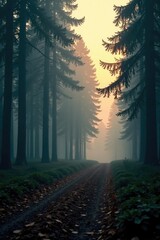 Obraz premium Empty forest at dawn with misty fog rolling in, calm, fog, trees
