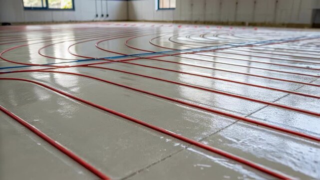 Wet concrete spreading over red and blue pipes during underfloor heating system installation inside bright interior space with natural lighting and construction progress