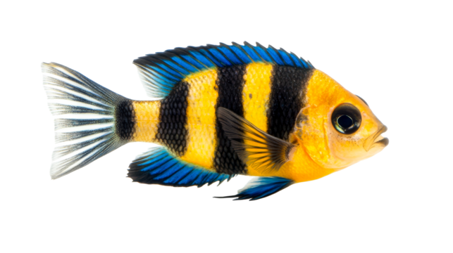 Stripped convict fish, swimming, tropical, isolated on black, cut out transparent