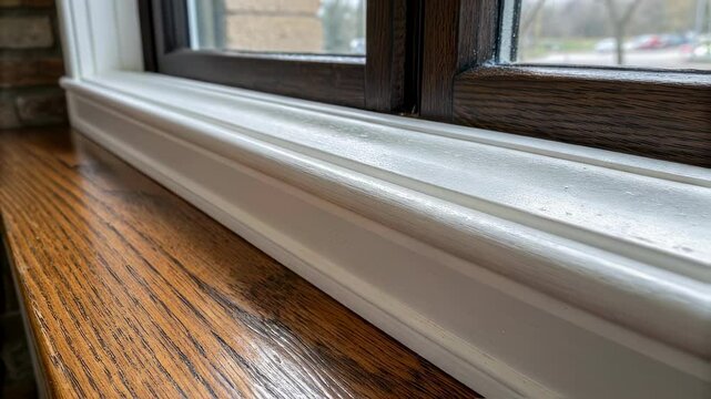 Smooth white window trim and oak sill by a dark framed window create a visually appealing contrast, adding elegance and sophistication to interior design