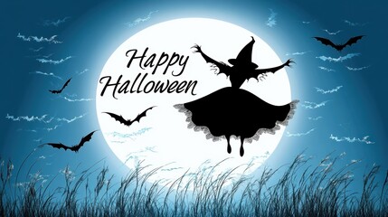 Fototapeta premium Witch silhouette celebrating Halloween against a full moon