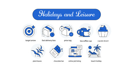 Holidays and Leisure. beach holiday, tea coffee cup, cupcake dessert, plant leaves, chocolate bar, online job listing, price tag, and more.
