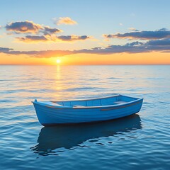 Fototapeta premium Tranquil Blue Boat at Sunrise Seascape.