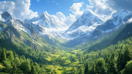 Obraz premium Majestic snow-capped Alps valley, sunny day, green meadows, travel poster