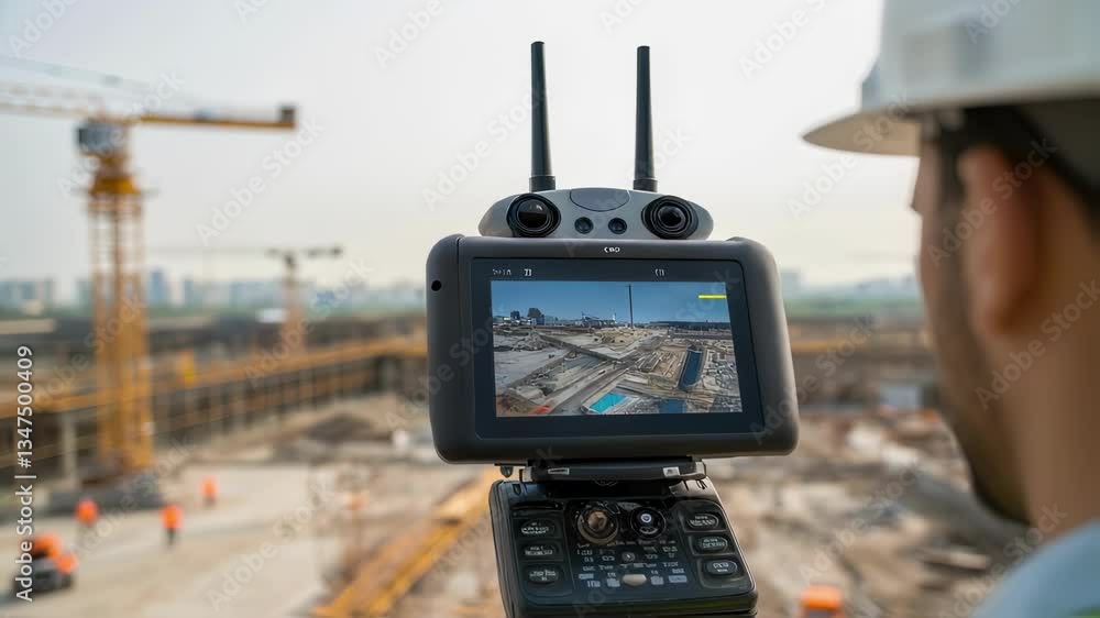Poster Construction engineer wearing safety helmet and vest operating a drone with remote controller, controlling and monitoring building site progress with aerial view