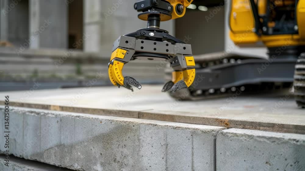 Poster powerful yellow robotic arm mounted on tracked vehicle, gripping and lifting heavy concrete block wi