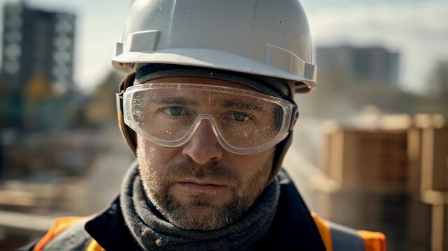 Construction worker wearing fogged safety glasses and protective hardhat standing confidently at building site, representing professional labor and industry expertise