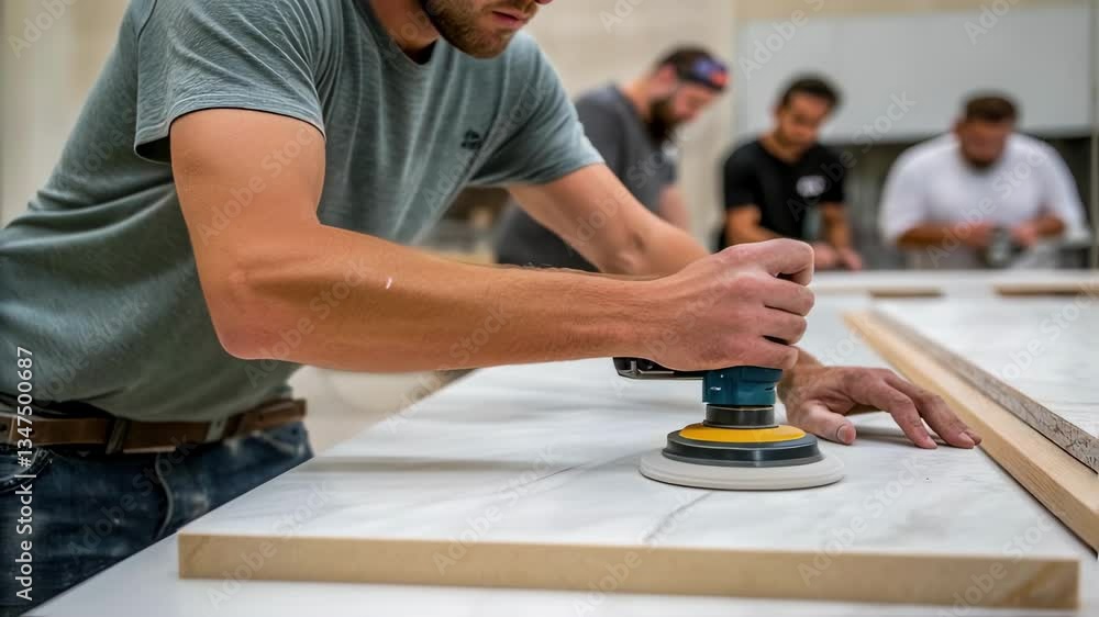 Poster skilled craftsman using orbital sander for polishing marble slab, working with precision in busy wor