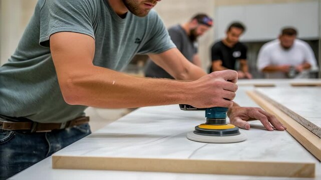Skilled craftsman using orbital sander for polishing marble slab, working with precision in busy workshop while colleagues collaborate on nearby projects