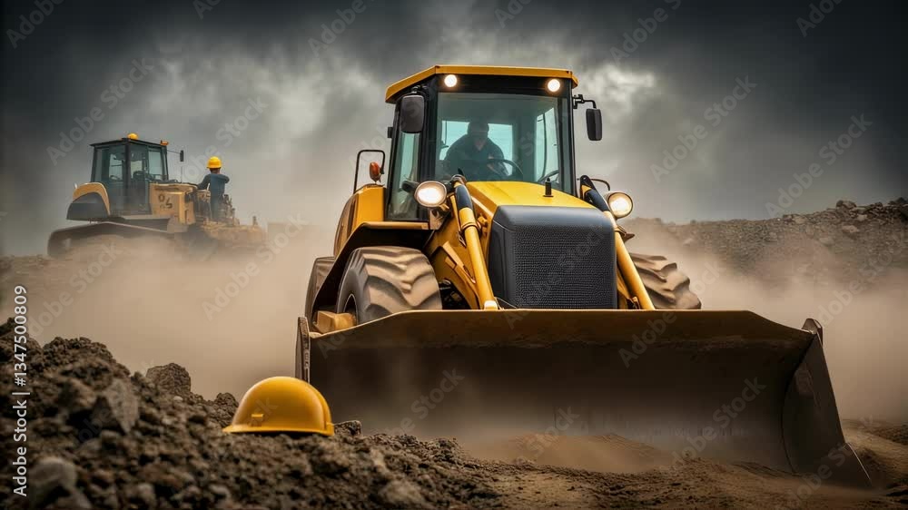 Leinwandbilder powerful wheel loader pushing dirt and rocks on a construction site, creating dust clouds, with a bu