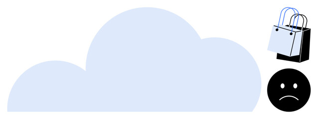 Cloud in center, pair of shopping bags and sad face icon on right. Ideal for online shopping, e-commerce, cloud storage, digital issues, customer dissatisfaction, returns, retail challenges abstract
