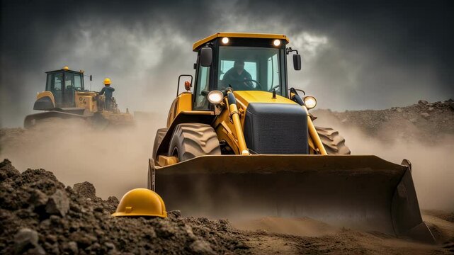 Powerful wheel loader pushing dirt and rocks on a construction site, creating dust clouds, with a bulldozer operating in the background and a yellow hardhat in the foreground